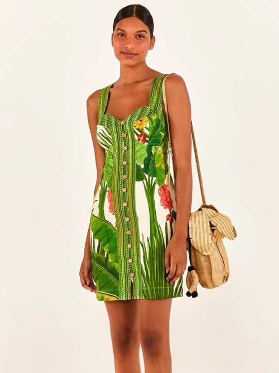 FARM Rio Dresses & Skirts - Farm Rio Fresh Forest Scarf Button Down Mini Dress Linen Sweetheart